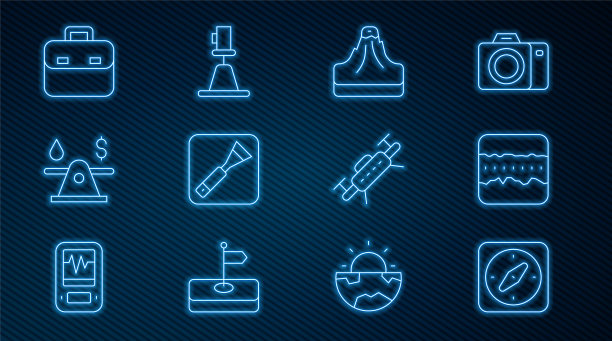 设置线指南针，土壤地面层，火山，油漆刷，油钱，公文包，无人机和测速仪，经纬仪图标。向量图片下载