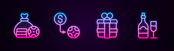 设置线钱袋，赌场筹码交换，礼盒和香槟酒瓶与玻璃。发光的霓虹灯图标。向量图片下载