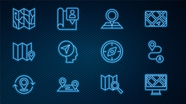 设置线监视器与地图位置，路线，折叠标记，地图人，指南针和图标。向量图片下载