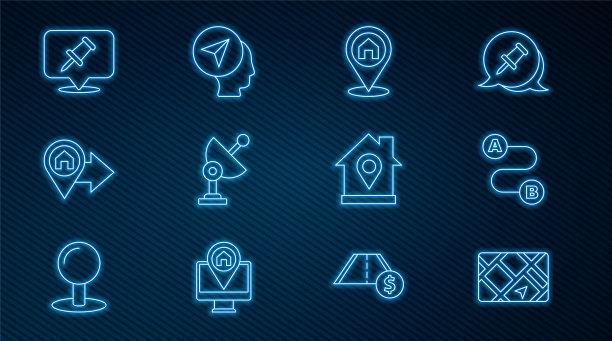 设置线路Gps设备与地图，路线定位，定位屋，雷达，推销，和地图标记人的图标。向量图片下载