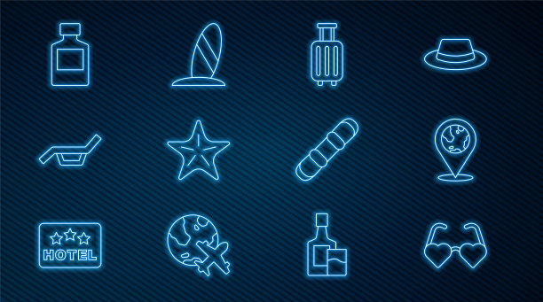 心形爱情眼镜，位置在地球上，手提箱，海星，日光浴床和伞，威士忌酒瓶，滑雪板和冲浪板图标。向量图片下载