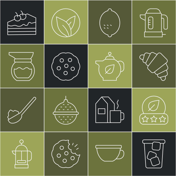 设置线冰茶，茶叶，羊角面包，柠檬，饼干或饼干，茶壶，一块蛋糕和图标。向量图片下载