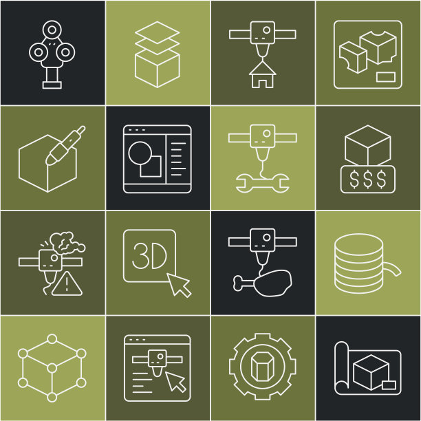 集线绘图纸工程，细丝3D打印机，服务，房子，软件，3D笔工具，扫描仪和扳手扳手图标。向量图片下载