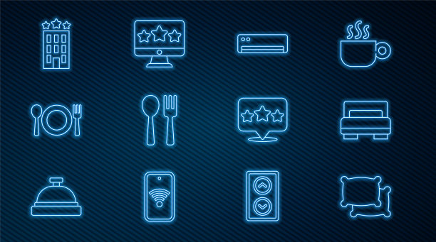 设线枕头，酒店客房床，空调，餐叉勺，餐盘，餐叉刀，建筑，五星评价及图标。向量图片下载