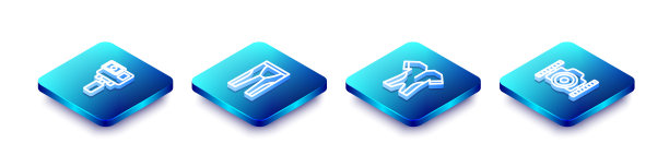 设置等距线动作极限相机，潜水潜水潜水服，和照片潜水员图标。向量图片下载