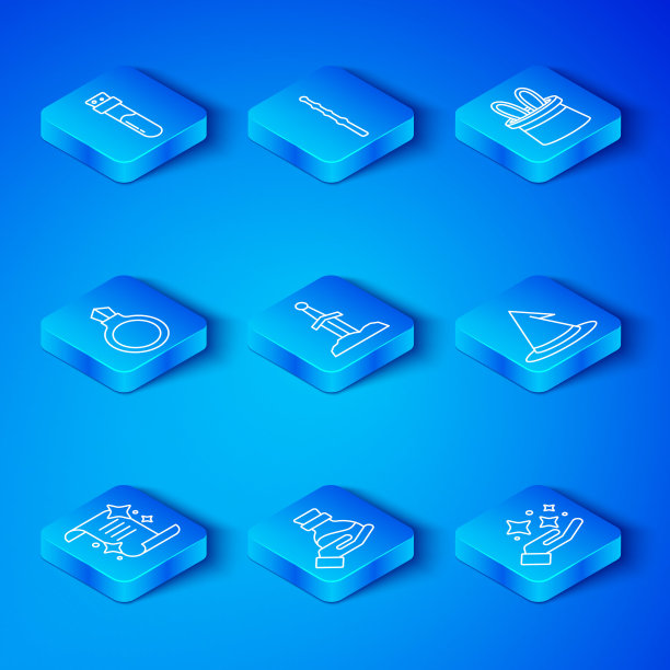 设置线古代魔法书，剑在石头，瓶子与药水，女巫帽子，魔术师和兔子耳朵，戒指宝石，和闪耀的星星魔术图标。向量图片下载