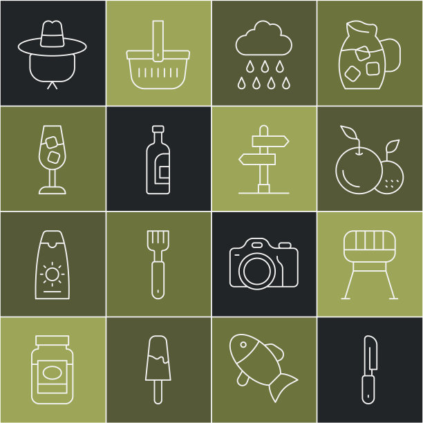 集线刀，烧烤架，水果，云与雨，酒瓶，酒杯，露营帽和道路交通标志图标。向量图片下载
