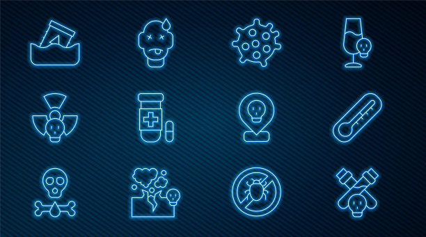 设置线瓶药水，温度计，细菌，解毒剂，放射性，废物桶，位置和人中毒图标。向量图片下载