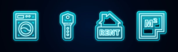 设置线洗衣机，房子钥匙，挂招牌，租金和计划。发光的霓虹灯图标。向量图片下载