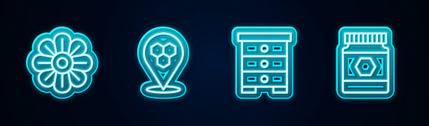 设置线花，蜂房蜜蜂的位置，蜂房和蜂蜜罐。发光的霓虹灯图标。向量图片下载