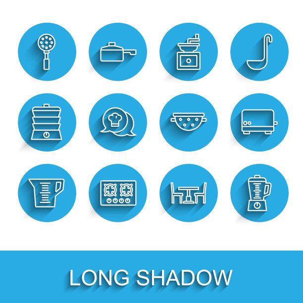 设定线量杯，燃气灶，抹刀，木桌与椅子，搅拌机，厨师帽演讲泡沫，烤面包机和厨房滤器图标。向量图片下载