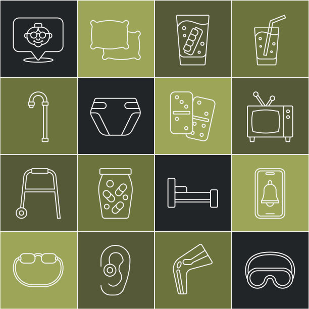 设置线眼睛睡眠眼罩，紧急电话，复古电视，假下巴在玻璃，成人尿布，手杖手杖，祖母和多米诺骨牌图标。向量图片下载