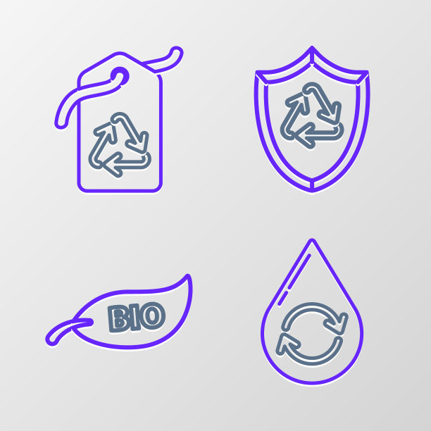 设置线回收清洁水，叶生物符号，内部屏蔽和标签与回收图标。向量图片下载