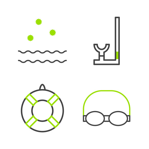 游泳眼镜和帽子、救生圈、呼吸管和冷浪图标矢量素材图片下载