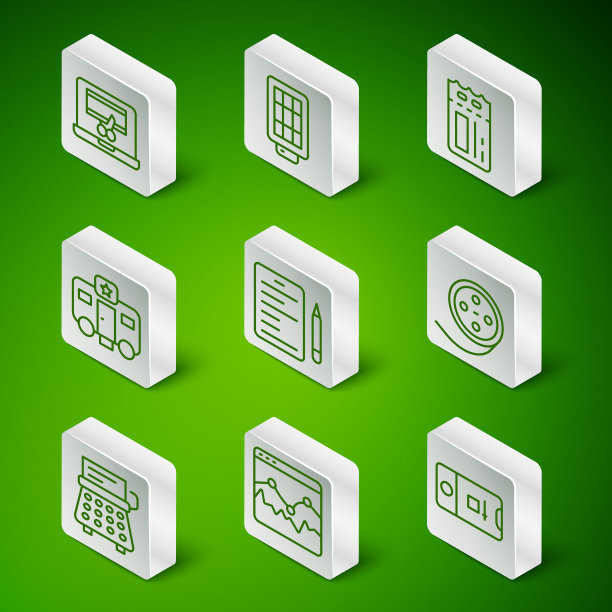 设置线照片和视频拍摄，音乐波均衡器，笔记本电脑录像机，场景，演员预告片，软箱灯，复古打字机和电影卷轴图标。向量图片下载