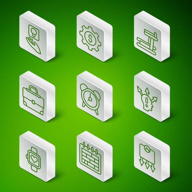 设置线减肥，日历，灯泡，闹钟，公文包，齿轮与美元，智能手表和项目团队基础图标。向量图片下载