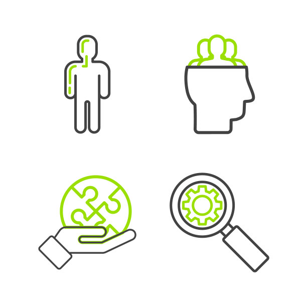 设置线放大镜和齿轮，拼图手，项目团队基地和用户的商务套装图标。向量图片下载