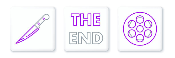 设置线电影卷轴，刀和结束手写铭文图标。向量图片下载