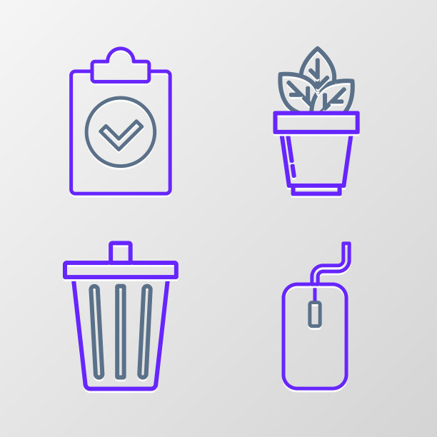 设置线电脑鼠标，垃圾桶，花在锅和完成任务图标。向量图片下载