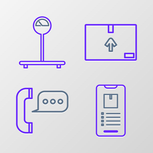 集线手机与应用程序交付跟踪，电话语音气泡聊天，纸箱交通标志和规模图标。向量图片下载