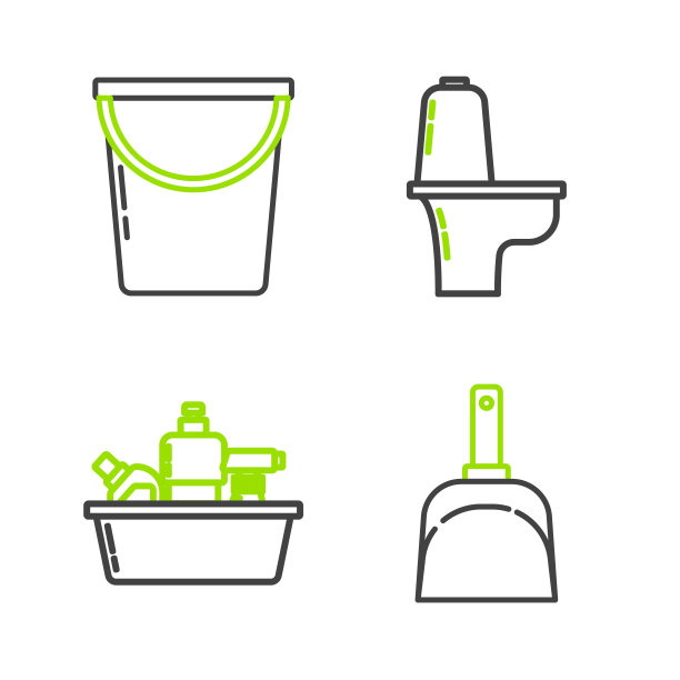 设有簸箕，洗洁精塑料瓶，马桶和桶图标。向量图片下载