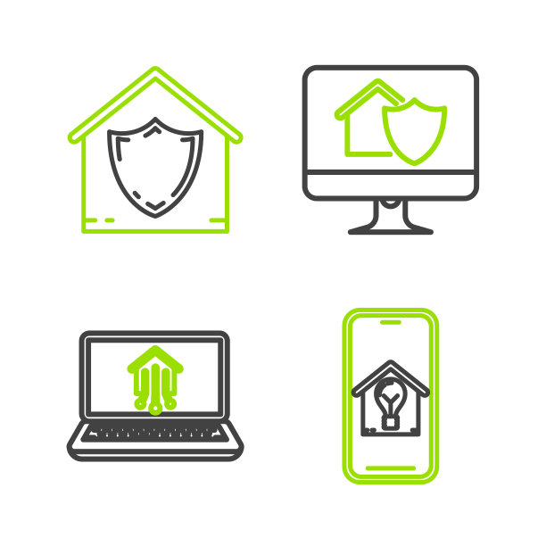 手机与智能家居和灯泡，笔记本电脑的家，电脑显示器在保护和房子的图标。向量图片下载