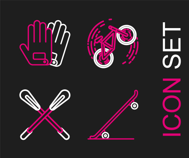 设置线滑板，交叉桨，自行车技巧和手套图标。向量图片下载