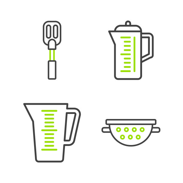 设置线厨房滤嘴，量杯，茶壶和抹刀图标。向量图片下载