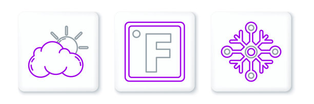 设置线雪花，太阳和云天气和华氏图标。向量图片下载