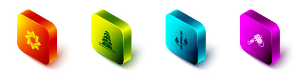 集等距花，堆热石，竹和木斧图标。向量图片下载