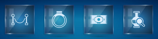 设置绳障，金戒指，经典地毯和古代双耳罐。方形玻璃板。向量图片下载