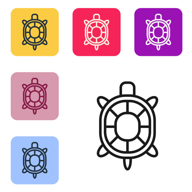 黑线龟图标孤立在白色背景。设置图标为彩色方形按钮。向量图片下载