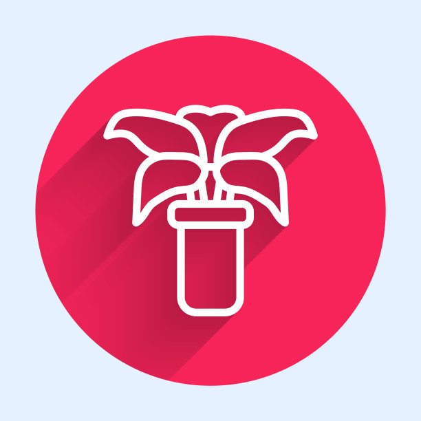 白线外来热带植物在花盆图标孤立与长阴影。红色圆圈按钮。向量图片下载