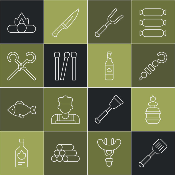 集线抹刀，野营煤气炉，烤羊肉串，烧烤叉，火柴，烧烤串，篝火和啤酒瓶图标。向量图片下载