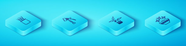 集等距植物在锅，水喷瓶，花瓶和图标。向量图片下载