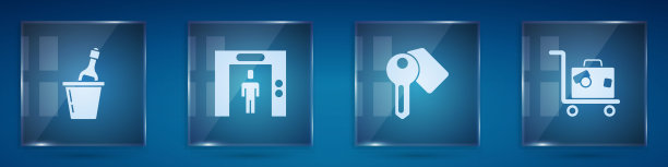 将香槟放入冰桶、电梯、酒店门锁钥匙和行李箱中。方形玻璃板。向量图片下载