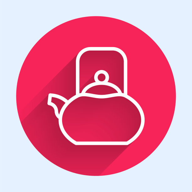 白线水壶与手柄图标与长阴影背景隔离。茶壶图标。红色圆圈按钮。向量图片下载