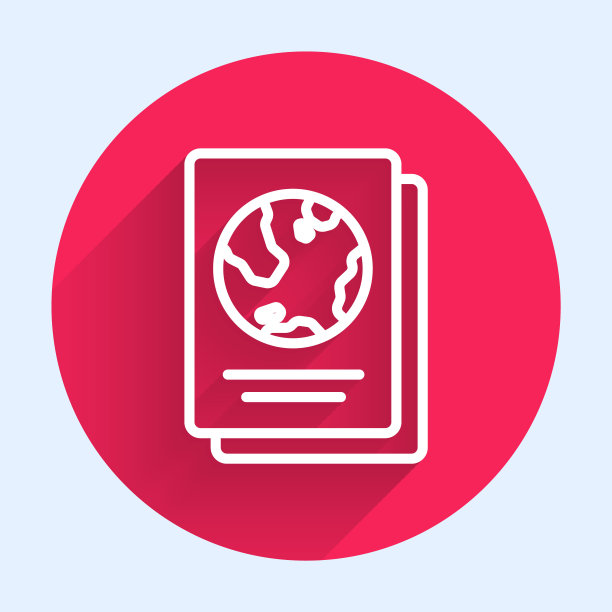 白线护照与生物特征数据图标隔离与长阴影。身份证明文件。红色圆圈按钮。向量图片下载