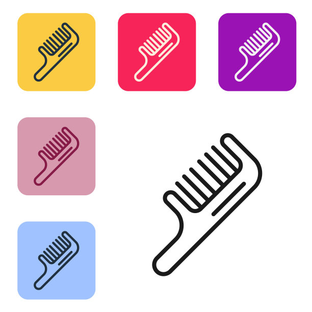 黑线梳子图标隔离在白色背景。梳头的标志。理发师的象征。设置图标为彩色方形按钮。向量图片下载