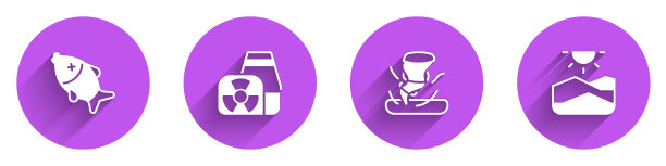 集死鱼，核电站，龙卷风和干旱的图标与长阴影。向量图片下载