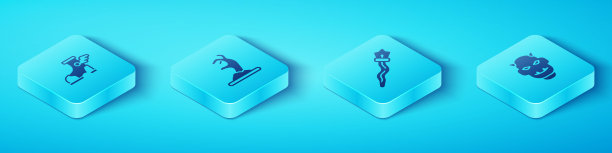 套等长赫尔墨斯凉鞋，僵尸之手，恶魔面具与角和魔法杖图标。向量图片下载