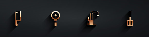 设置肉斩，煎锅，水龙头和烧烤铲图标长阴影。向量图片下载