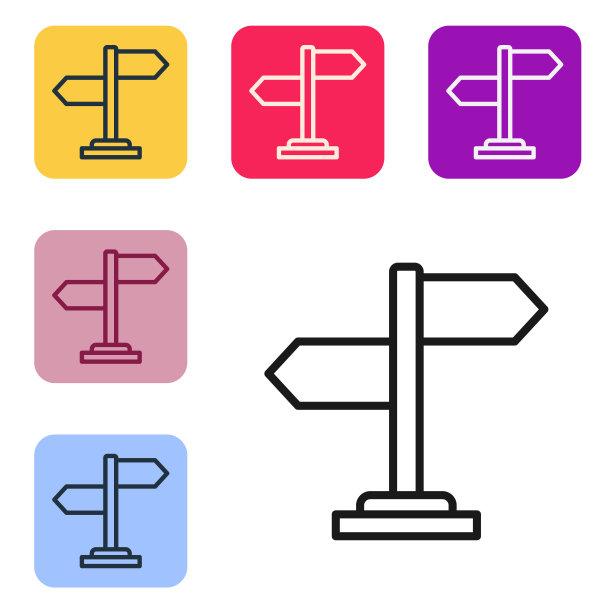 黑线道路交通标志。路标图标孤立的白色背景。指针的象征。孤立的街道信息标志。方向的信号。设置图标为彩色方形按钮。向量图片下载