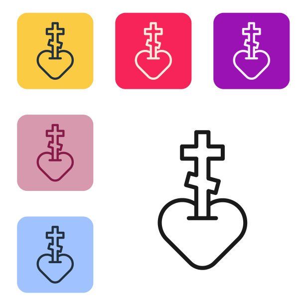 黑线宗教十字架在心脏内部图标孤立的白色背景。上帝之爱，天主教和基督教的象征。人们祈祷。设置图标为彩色方形按钮。向量图片下载