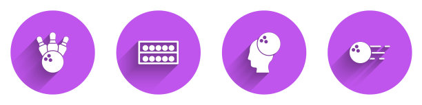 设置保龄球瓶和球，台球在看台上，和图标与长阴影。向量图片下载