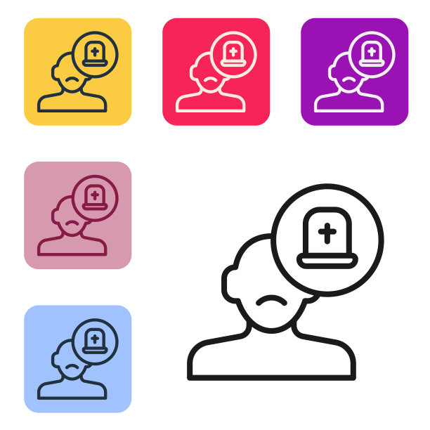 黑线男性医生图标隔离在白色背景。设置图标为彩色方形按钮。向量图片下载