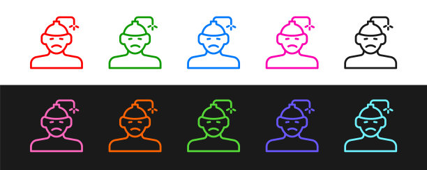 黑白背景上隔离的脑震荡、头痛、眩晕、偏头痛图标矢量图图片下载