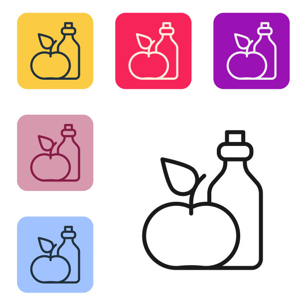 黑线苹果醋在瓶子图标孤立的白色背景。设置图标为彩色方形按钮。向量图片下载
