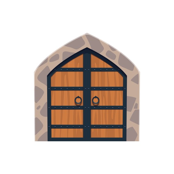 卡通中世纪城堡大门，木门入口图片下载