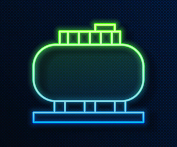 发光的霓虹灯线油罐存储图标孤立的蓝色背景。石油和天然气工业用储罐。油罐技术站。向量图片下载